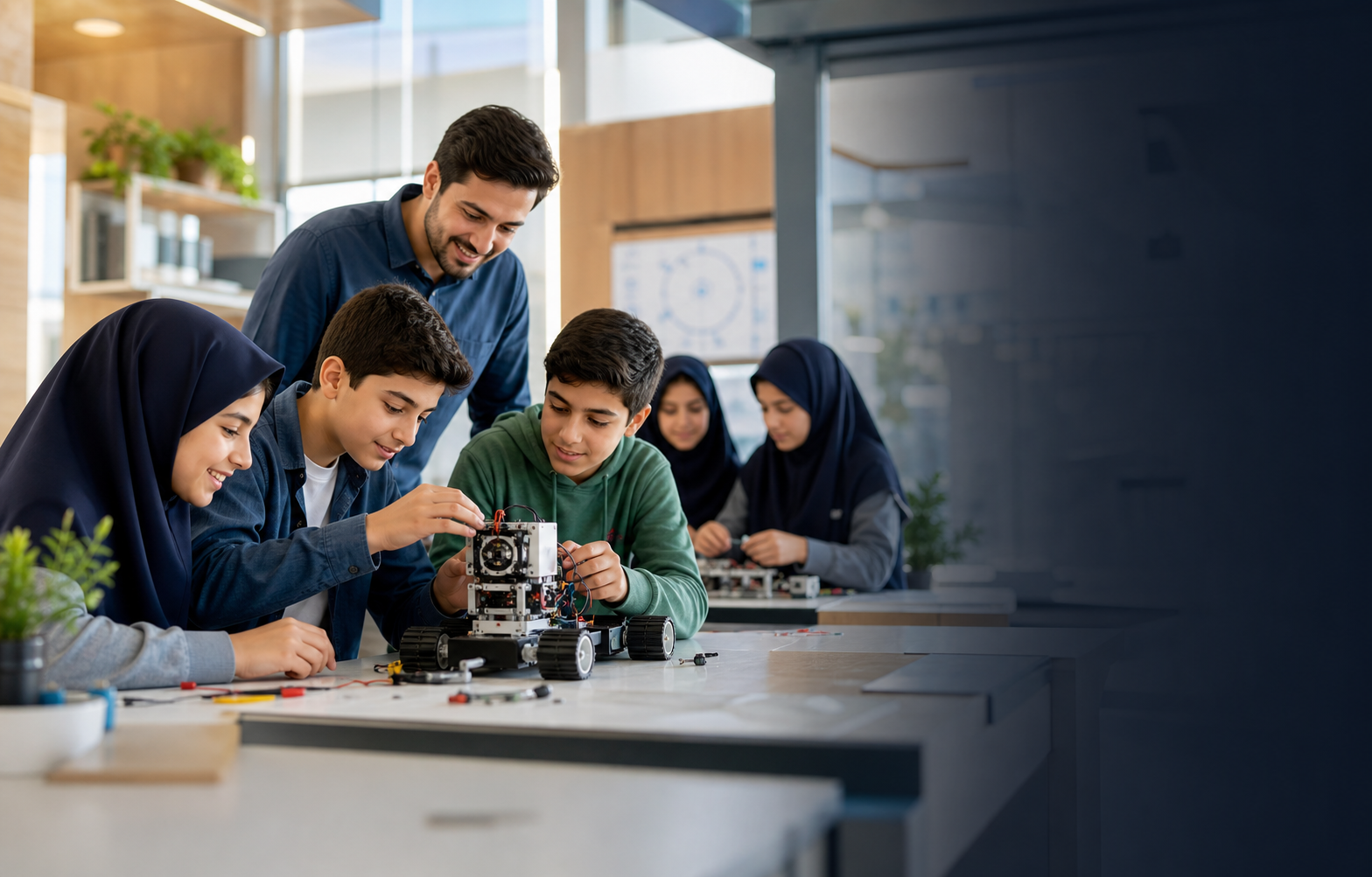 دانش‌آموزان در آزمایشگاه رباتیک مدرسه